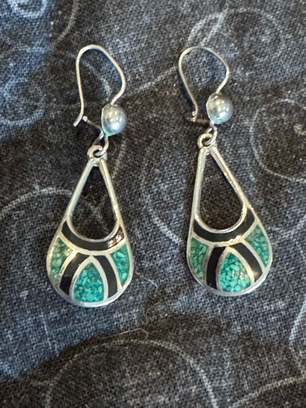 Vintage teardrop earrings - Sterling silver Stone inlay Taxco malachite inlay